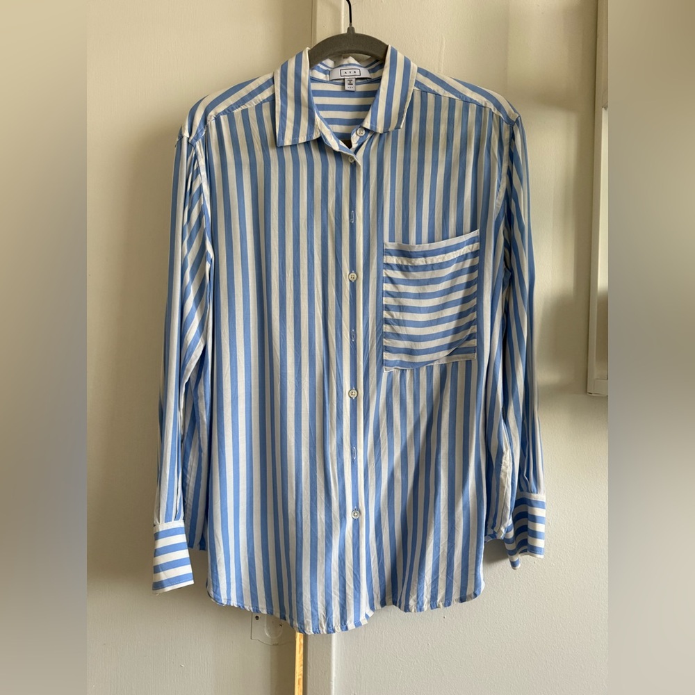 AYR The Deep End Sky and White Silky Striped Button Down Shirt
